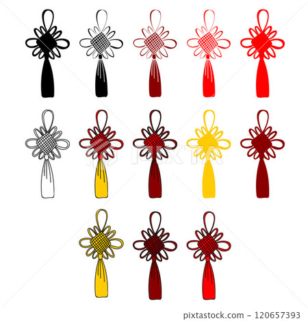 A set of Chinese knots in different color variations. Simple silhouette, black contour, yellow, red, bordo. Chinese knot shape. Chinese Lunar New Year celebration. Design art elements 120657393