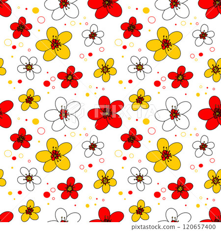 Colorful Floral Pattern. Seamless endless ornament. Plum bloom, cheerful bright colors. Simple flowers. Lunar New Year celebration, street festival. Fabric, textile, print, web, wallpaper, background 120657400