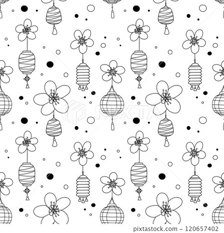 Seamless Pattern. Lunar New Year, Plum Bloom, Paper Lanterns, Lamps, Flowers, Blossom. Black contours. Endless ornament. Graphic illustrations, fabric, textile, print, web, wallpaper, background Seamless Pattern. Lunar New Year, Plum Bloom, Paper Lanterns, Lamps, Flowers, Blossom. Black contours. Endless ornament. Graphic illustrations, fabric, textile, print, web, wallpaper, background 120657402