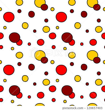 Endless geometric pattern. Seamless ornament, cheerful colorful round shapes, circles. Yellow, red, bordo, black contour. Graphic illustration, fabric, textile, print, web, wallpaper, background 120657403