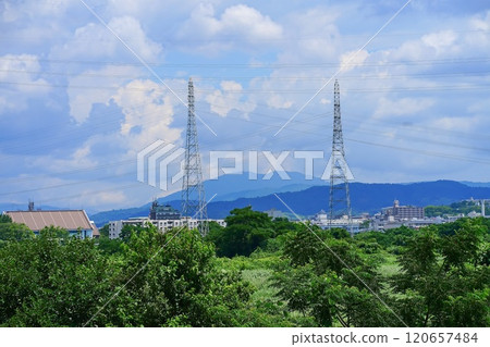 Mount Hiei sandwiched between steel towers 120657484