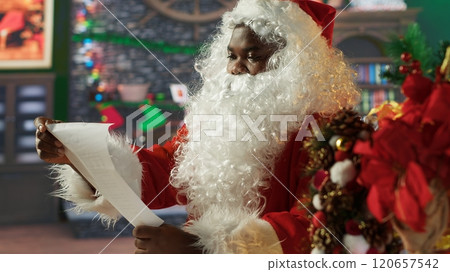 Black Santa opening and reading letters sitting cozy in his log cabin. Winter holiday season brings the magic of wish lists, presents and tradition, spreading Christmas spirit. Camera A. 120657542
