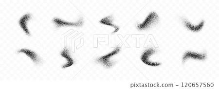 Black powder splashes collection. Grunge grain spray texture set. Dotted curved smudged brush stains pack. Sand noise splattered overlay bundle. Abstract stipple fluid grain gradient shapes. Vector 120657560