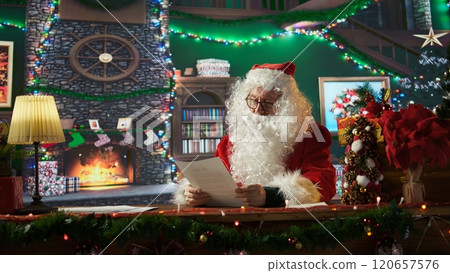 Santa Claus checks his list twice in this warm Christmas setting. Magical tradition with gifts and toys fill the heart of Saint Nicholas with holiday spirit, reading letters from children. Camera B. 120657576