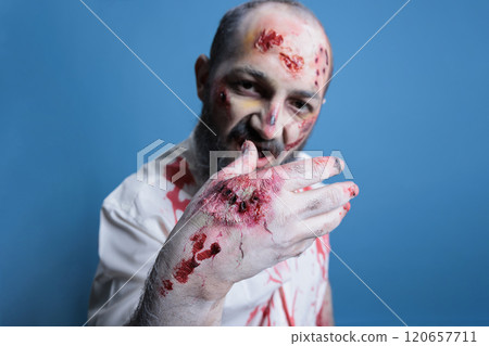 Portrait of man dressed as spooky bruised zombie for Halloween event, wearing gore makeup. Person imitating possessed undead devil covered in blood and scars, isolated over studio background 120657711
