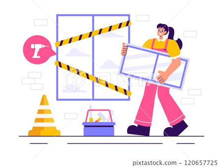 Windows and Doors Installation Service Vector Illustration featuring a Worker Using Tools for Home Repair and Renovation in a Flat Cartoon Background 120657725