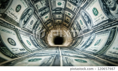 a tunnel-like perspective formed by one hundred dollar bills a tunnel-like perspective formed by one hundred dollar bills 120657987