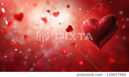 a glittery red heart surrounded by smaller floating hearts on a vibrant, glowing red background 120657989
