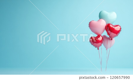 heart-shaped balloons in red, pink, and light blue hues floating against a light blue background 120657990