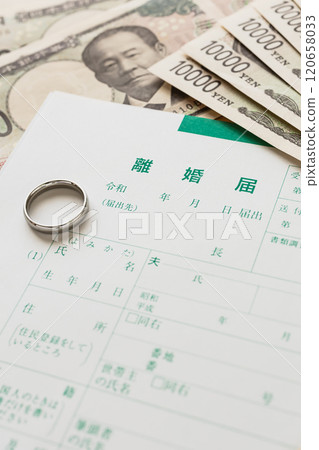 Divorce papers and money: Image of alimony and property division upon divorce Divorce papers and money: Image of alimony and property division upon divorce 120658033