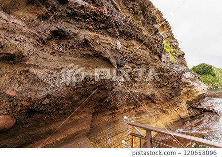 Natural rock formations next to the harbor. Japan, Shizuoka Prefecture, Izu Peninsula, Kamo District, Minamiizu Town, Tsumara, 2024 120658096