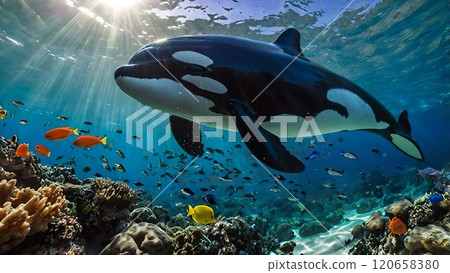 Killer whales swimming over a sun-drenched coral reef 120658380