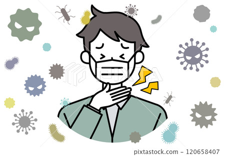 Vector illustration of a man with a sore throat and tonsil pain and inflammation Fever Influenza Throat Neck Tonsillitis Cough Neck 120658407