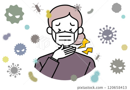 一位患有喉嚨痛、扁桃體疼痛和發炎的老婦人發燒流感咽喉扁桃體炎的病媒圖解 一位患有喉嚨痛、扁桃體疼痛和發炎的老婦人發燒流感咽喉扁桃體炎的病媒圖解 120658413