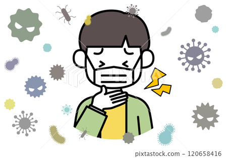 男孩喉嚨痛、扁桃體疼痛和發炎發燒流感咽喉扁桃體炎的病媒圖解 120658416