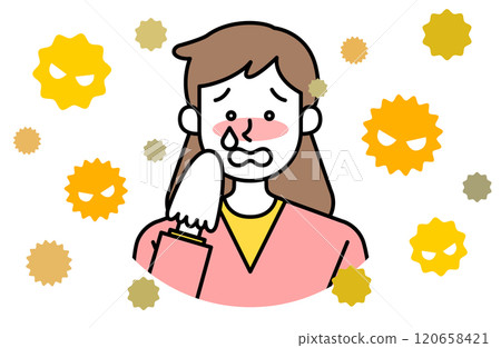 一名婦女因花粉熱而哭泣的病媒圖解 眼睛發癢 流鼻水 打噴嚏 過敏組織鼻炎 120658421