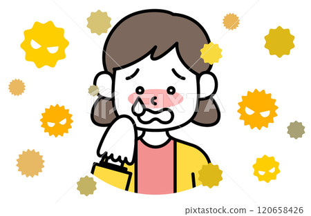 Vector illustration of a girl crying tears due to hay fever Itchy eyes Runny nose Sneezing Allergy Tissue Rhinitis 120658426