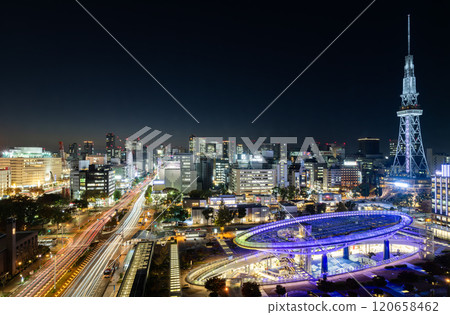 Nagoya City, Aichi Prefecture - Night view of Oasis 21, Nagoya TV Tower (MIRAI TOWER), and the surrounding cityscape just after sunset Nagoya City, Aichi Prefecture - Night view of Oasis 21, Nagoya TV Tower (MIRAI TOWER), and the surrounding cityscape just after sunset 120658462