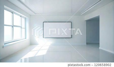 The interior of a white empty room with a monitor in the center. Interior design 120658902