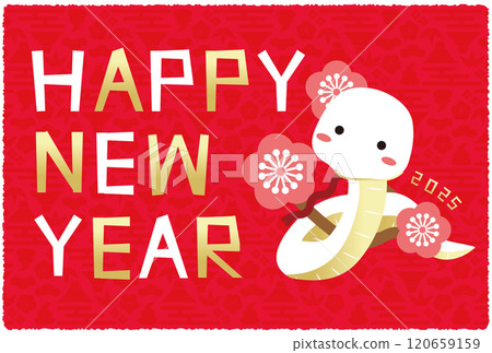 新年快樂2025年新年賀卡紅色背面金白蛇松竹梅花 新年快樂2025年新年賀卡紅色背面金白蛇松竹梅花 120659159