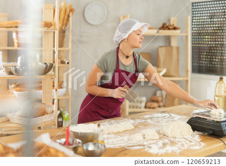 Baker girl cuts small pieces of dough from large lump and puts them on scales. Baker girl cuts small pieces of dough from large lump and puts them on scales. 120659213