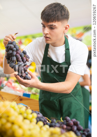 Focused european male seller weighing grape in supermarket Focused european male seller weighing grape in supermarket 120659267