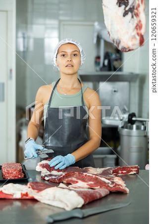 Girl in butcher shop cuts meat carcass into small pieces of meat for retail sale in small store 120659321