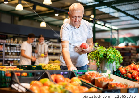 Elderly man choosing tomatoes in local farm store Elderly man choosing tomatoes in local farm store 120659359