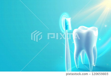 A close-up of a clean, shiny tooth next to a soft toothbrush on a light blue background, representing dental hygiene. High quality photo 120659803