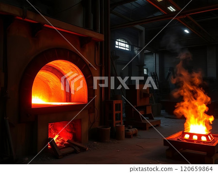 In a factory, a furnace is actively being utilized to provide heat for a piece of metal, transforming it for further processing 120659864
