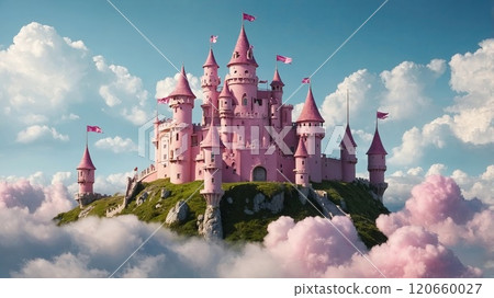 Whimsical pink fairytale castle surrounded by fluffy clouds under a bright blue sky. Fantasy and dreamland concept. High quality illustration Whimsical pink fairytale castle surrounded by fluffy clouds under a bright blue sky. Fantasy and dreamland concept. High quality illustration 120660027
