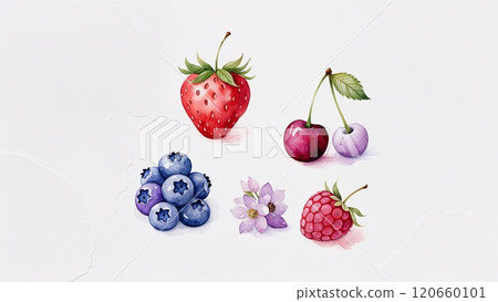 A vibrant watercolor artwork displays a variety of fruits including strawberries, cherries, blueberries, and raspberries, complemented by delicate flowers, arranged on a soft backdrop. 120660101