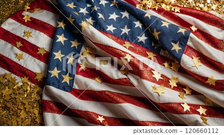 A vibrant American flag is elegantly arranged, showcasing its iconic red and white stripes and blue field adorned with white stars, surrounded by shimmering gold stars. 120660112