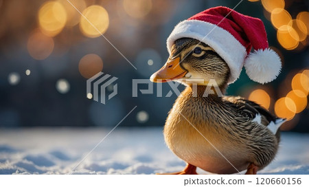 Duck wearing a Santa hat standing on snow with golden festive lights in the background. Holiday and Christmas animal portrait concept. High quality illustration 120660156