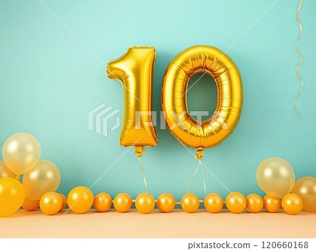 A large bunch of shiny gold balloons that are creatively shaped to represent the number 10 in a festive manner A large bunch of shiny gold balloons that are creatively shaped to represent the number 10 in a festive manner 120660168