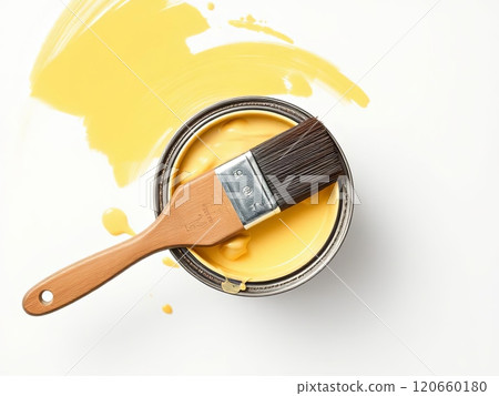 A can of vibrant yellow paint with a brush immersed in it, ready for artistic creations and colorful projects awaiting your touch 120660180