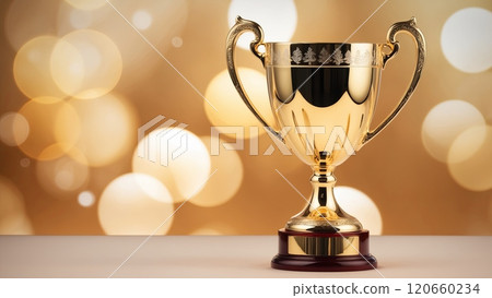 A golden trophy rests on a blurred bokeh background, symbolizing achievement and celebration of success 120660234