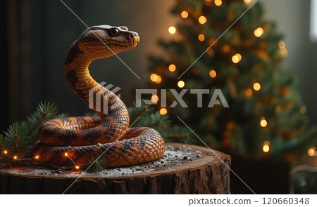 A beautifully decorative snake is surrounded by delightful holiday charm, making it perfect for seasonal themes 120660348