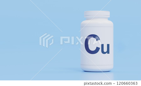 Copper Cu Supplement Bottle Health Benefit Essential Mineral Nutrition Support Blue Background Wellness Daily Intake Dietary Requirement Vital Element Pure Substance Simple Design Copper Cu Supplement Bottle Health Benefit Essential Mineral Nutrition Support Blue Background Wellness Daily Intake Dietary Requirement Vital Element Pure Substance Simple Design 120660363