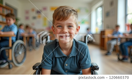 Young boy in a wheelchair smiling in a bright classroom environment. Inclusion and education concept. High quality illustration Young boy in a wheelchair smiling in a bright classroom environment. Inclusion and education concept. High quality illustration 120660370