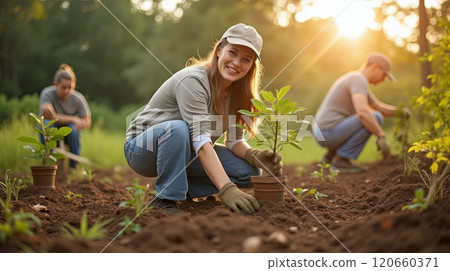 Team of people planting seedlings in a garden under sunlight. Sustainability and eco-friendly agriculture concept. High quality illustration 120660371