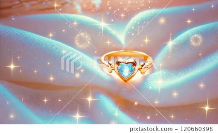 Shining blue heart gem gold ring and fantastic light background 120660398