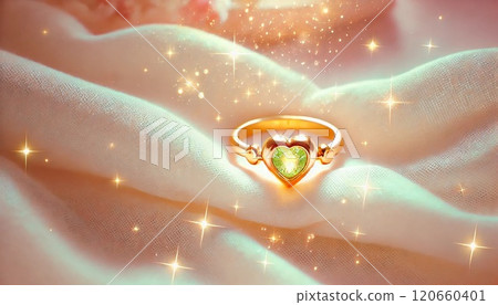 Shiny green heart gem gold ring and soft background 120660401