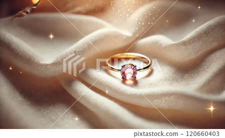 A simple and shining gold ring with pink stone and soft light 120660403