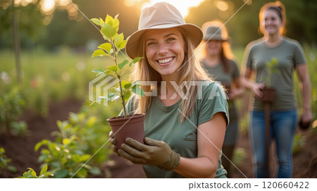 Smiling woman holding a young potted plant while gardening outdoors. Sustainability and eco-friendly lifestyle concept. High quality illustration 120660422