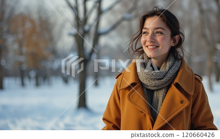 Smiling Woman in Winter Park Scene. High quality illustration 120660426