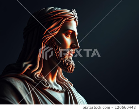 A side-profile view of a statue of Jesus Christ, with dramatic lighting casting shadows that emphasize the details of the figure's expression and features. High quality illustration A side-profile view of a statue of Jesus Christ, with dramatic lighting casting shadows that emphasize the details of the figure's expression and features. High quality illustration 120660448