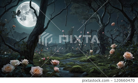 A tranquil forest setting illuminated by a full moon showcases vibrant roses scattered among gnarled trees and soft moss, creating a magical nighttime atmosphere. A tranquil forest setting illuminated by a full moon showcases vibrant roses scattered among gnarled trees and soft moss, creating a magical nighttime atmosphere. 120660470