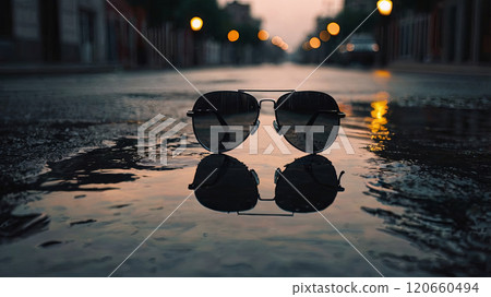 As nightfall approaches, sunglasses rest in a puddle on a deserted street, capturing reflections of surrounding streetlights and creating a serene atmosphere. 120660494
