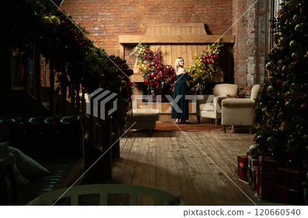 woman celebration fireplace cozy holiday alone new year girl christmas tree young home woman celebration fireplace cozy holiday alone new year girl christmas tree young home 120660540